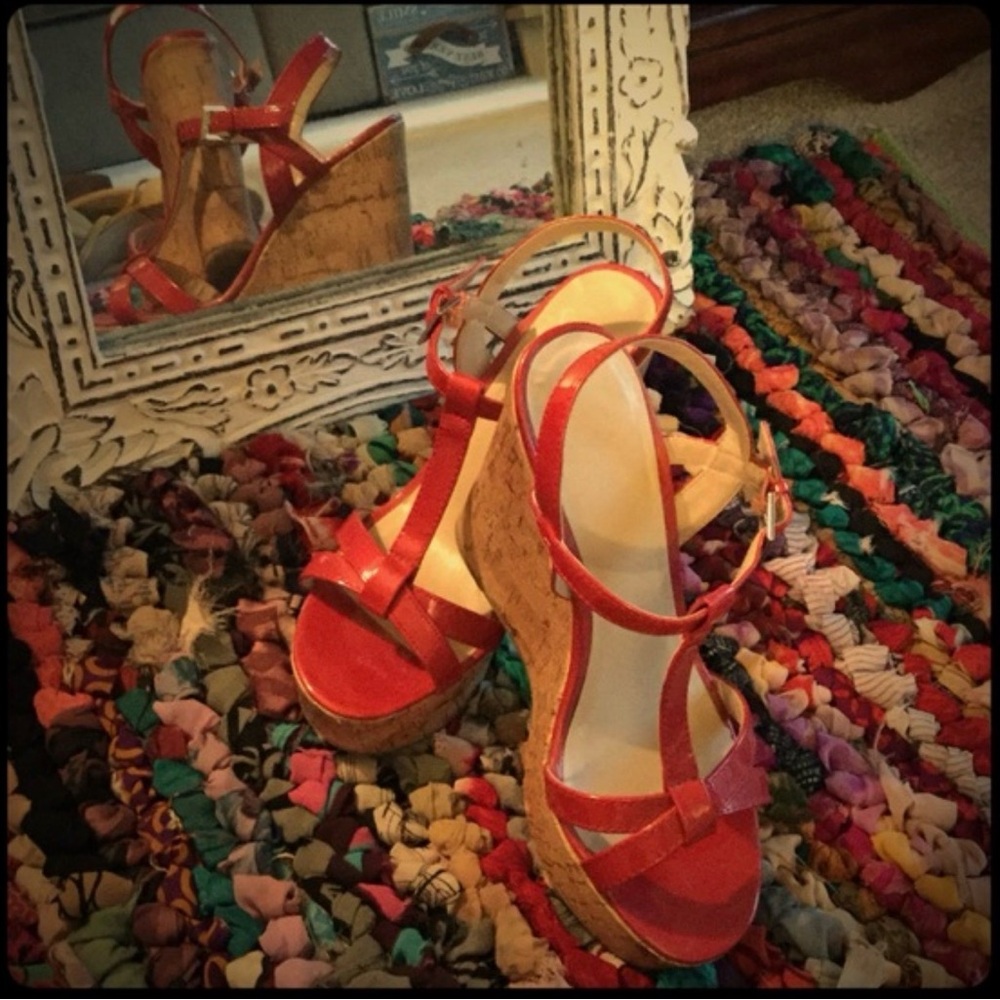 Report Red Patent Cork Wedges Platform Sandals EUC 7